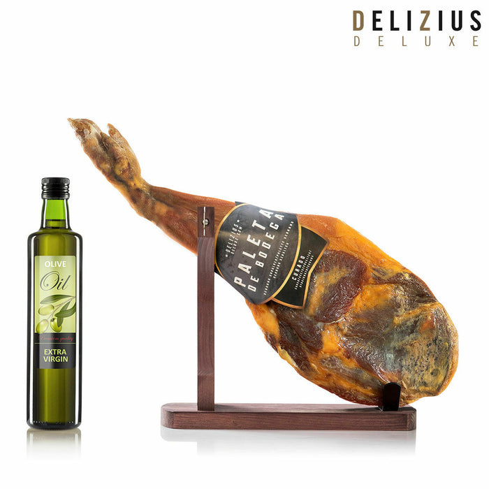 Set of Cellar Cured Ham Shoulder, Olive Oil and Ham Holder Delizius Deluxe