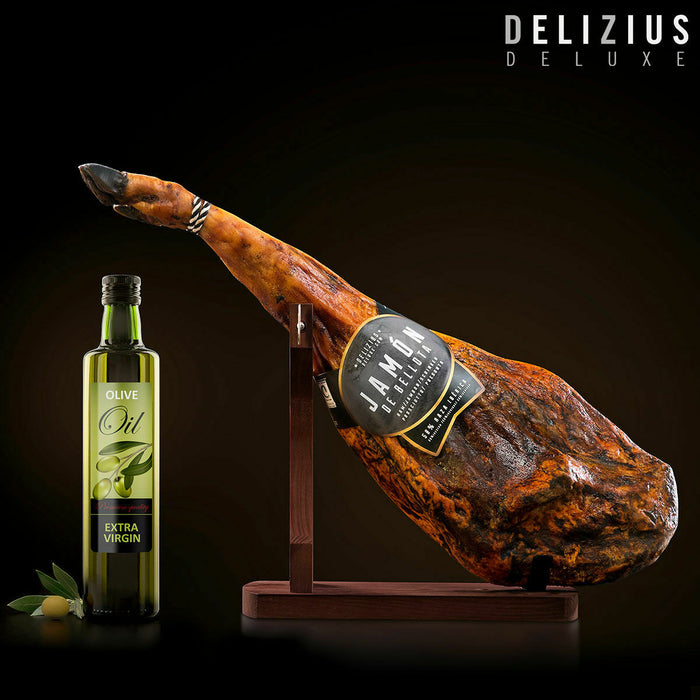 Set of Iberian Acorn-Fed Ham, Olive Oil and Ham Holder Delizius Deluxe