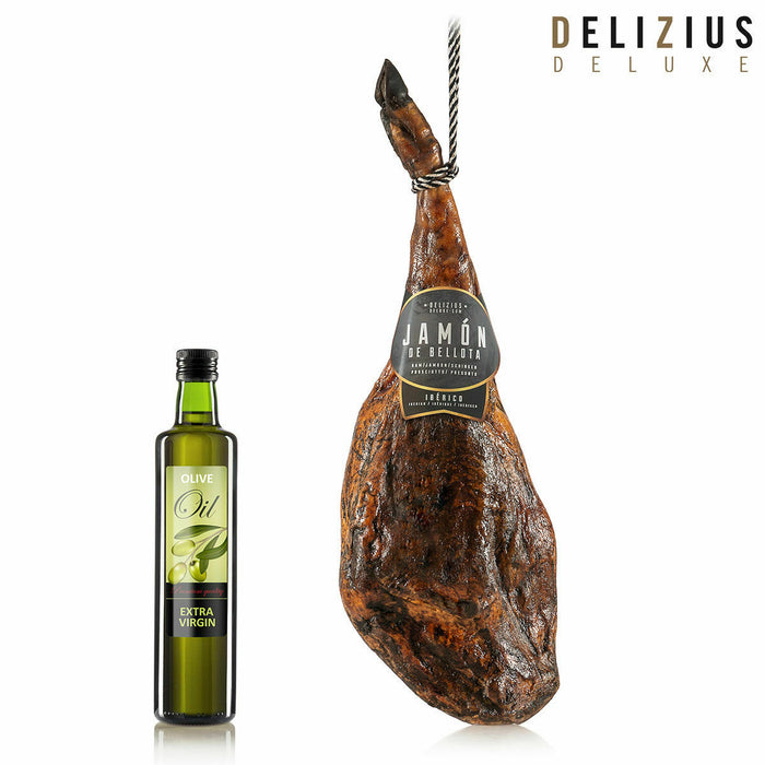 Set of Iberian Acorn-Fed Ham, Olive Oil and Ham Holder Delizius Deluxe
