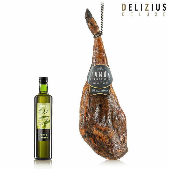 Set aus iberischem Cebo-Schinken, Olivenöl und Schinkenhalter Delizius Deluxe