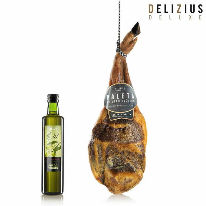 Set aus iberischem Cebo-Vorderschinken, Olivenöl und Schinkenhalter Delizius Deluxe